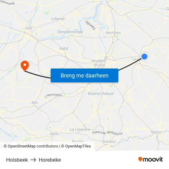 Holsbeek to Horebeke map