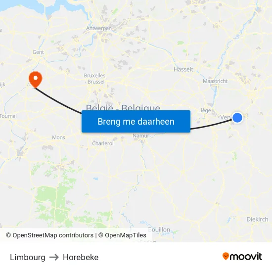 Limbourg to Horebeke map