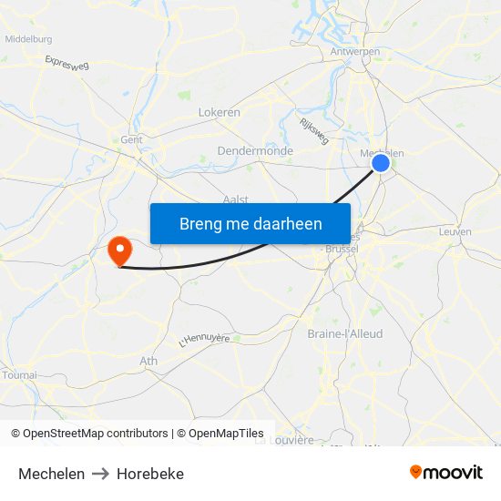 Mechelen to Horebeke map