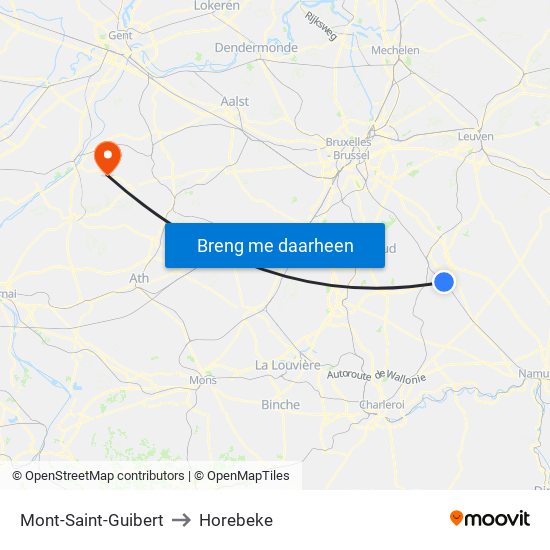 Mont-Saint-Guibert to Horebeke map