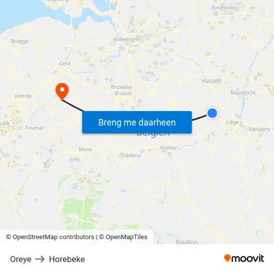 Oreye to Horebeke map