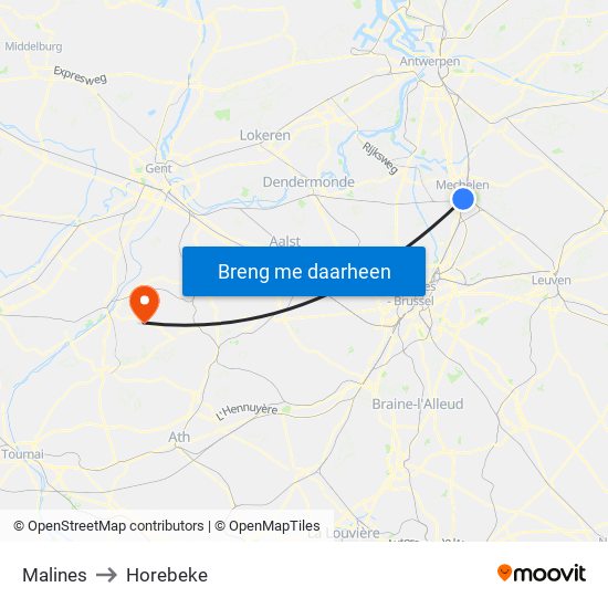 Malines to Horebeke map