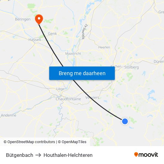 Bütgenbach to Houthalen-Helchteren map