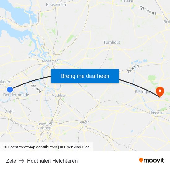 Zele to Houthalen-Helchteren map