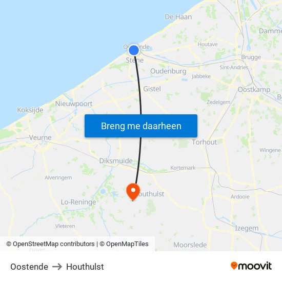 Oostende to Houthulst map