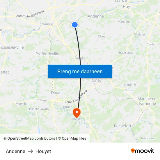Andenne to Houyet map