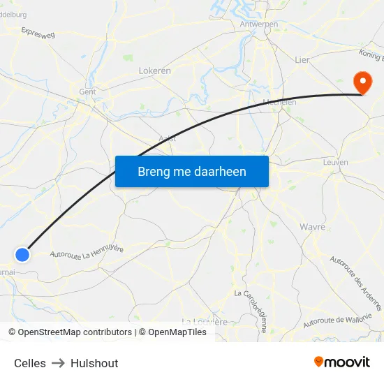 Celles to Hulshout map