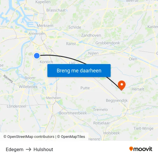 Edegem to Hulshout map