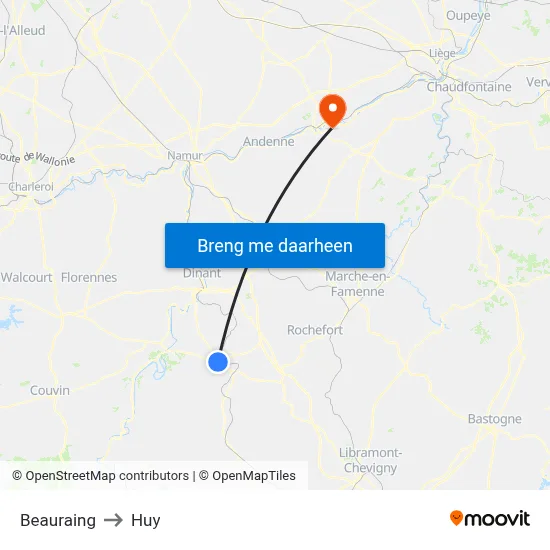 Beauraing to Huy map