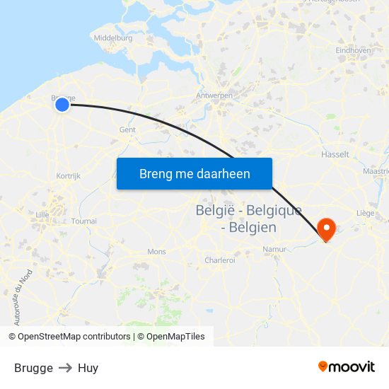 Brugge to Huy map