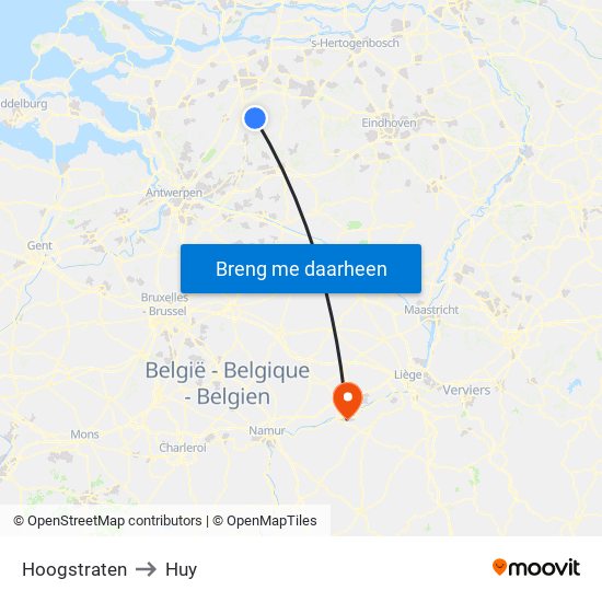 Hoogstraten to Huy map