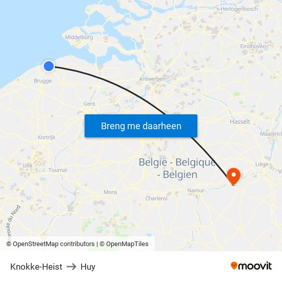 Knokke-Heist to Huy map