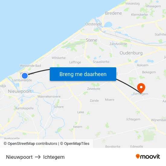 Nieuwpoort to Ichtegem map