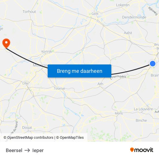 Beersel to Ieper map