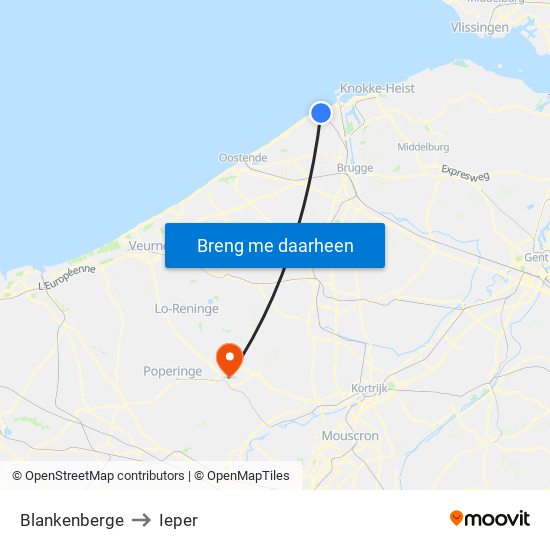 Blankenberge to Ieper map