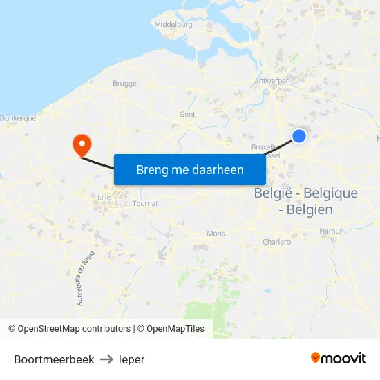 Boortmeerbeek to Ieper map