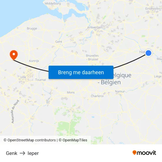 Genk to Ieper map