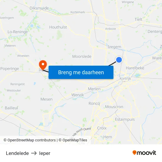 Lendelede to Ieper map