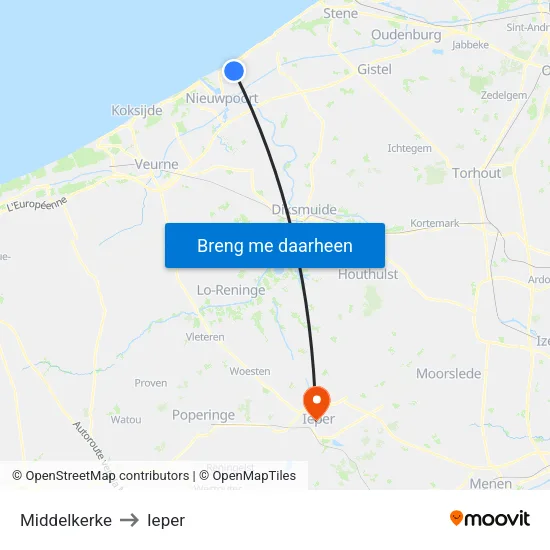 Middelkerke to Ieper map