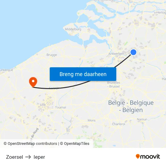 Zoersel to Ieper map