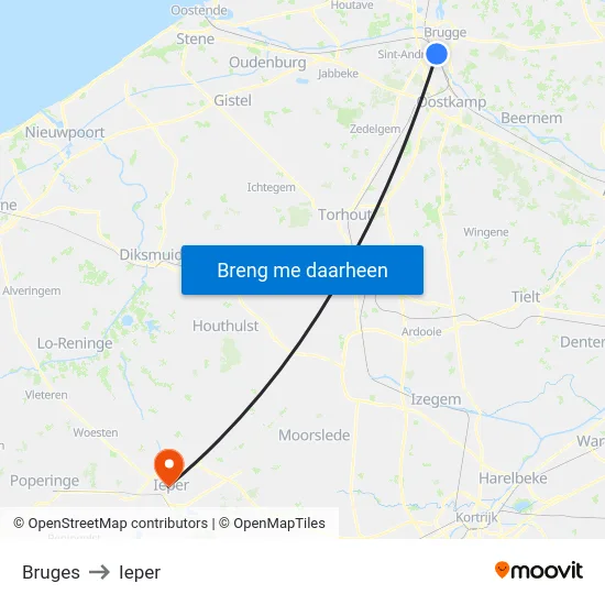 Bruges to Ieper map