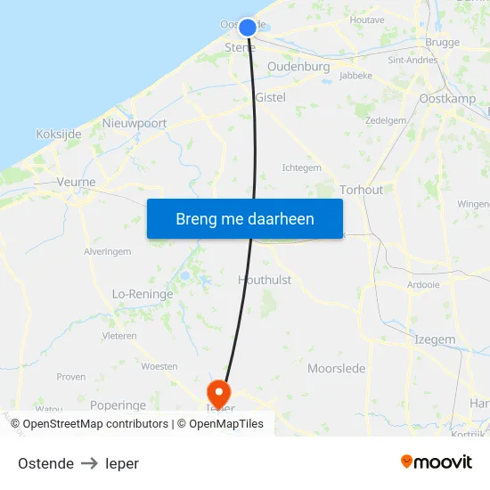 Ostende to Ieper map