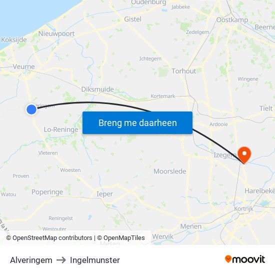 Alveringem to Ingelmunster map