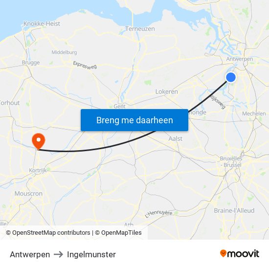 Antwerpen to Ingelmunster map