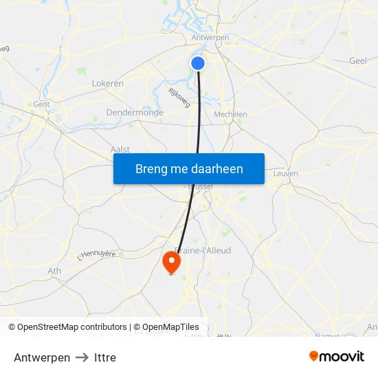 Antwerpen to Ittre map