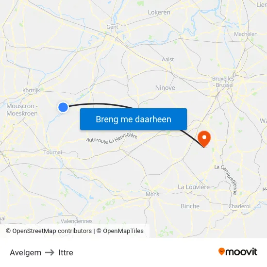 Avelgem to Ittre map