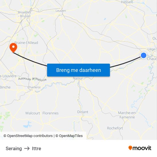 Seraing to Ittre map