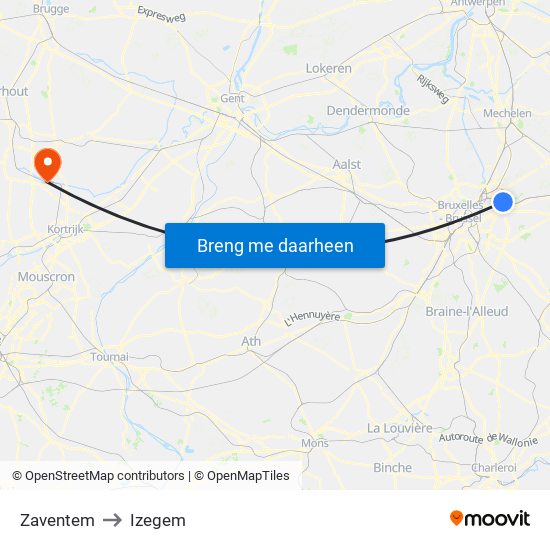 Zaventem to Izegem map