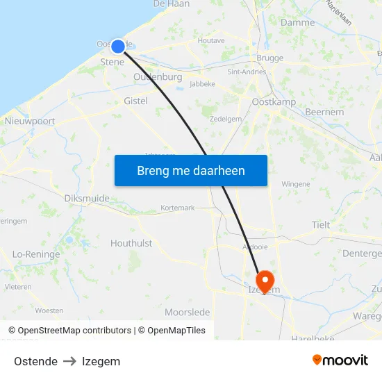 Ostende to Izegem map