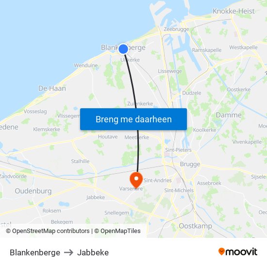 Blankenberge to Jabbeke map