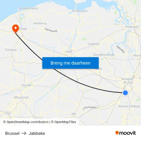 Brussel to Jabbeke map