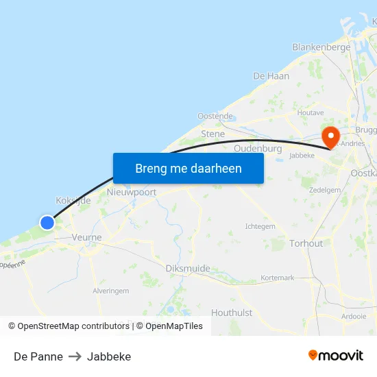De Panne to Jabbeke map