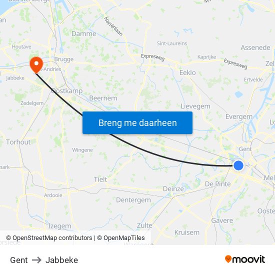 Gent to Jabbeke map