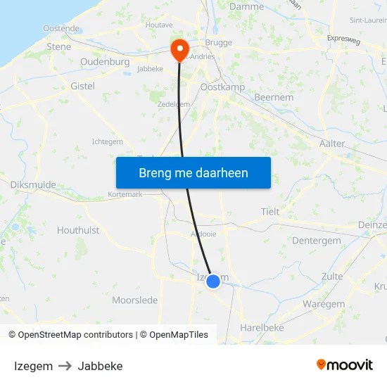 Izegem to Jabbeke map