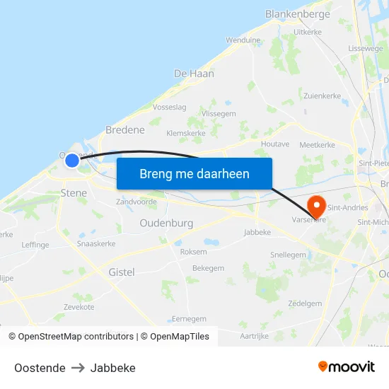 Oostende to Jabbeke map
