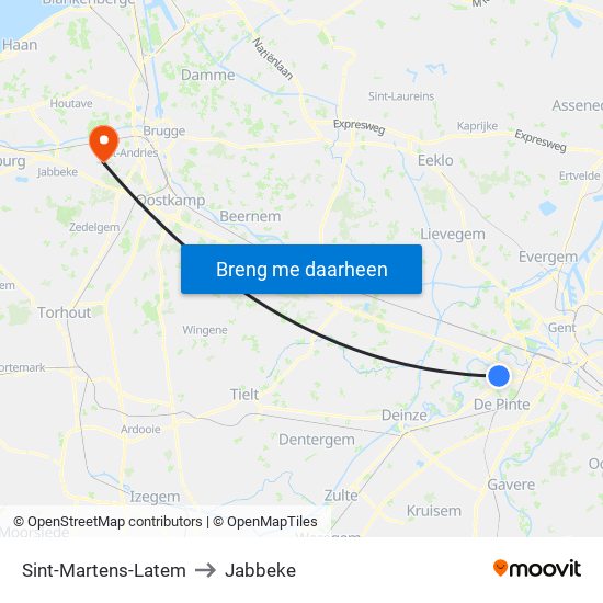 Sint-Martens-Latem to Jabbeke map