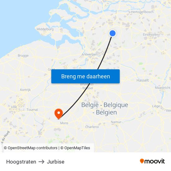 Hoogstraten to Jurbise map