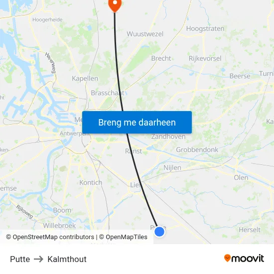Putte to Kalmthout map