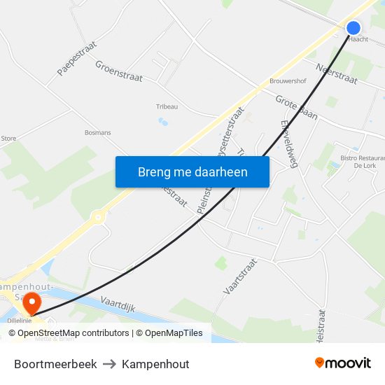 Boortmeerbeek to Kampenhout map