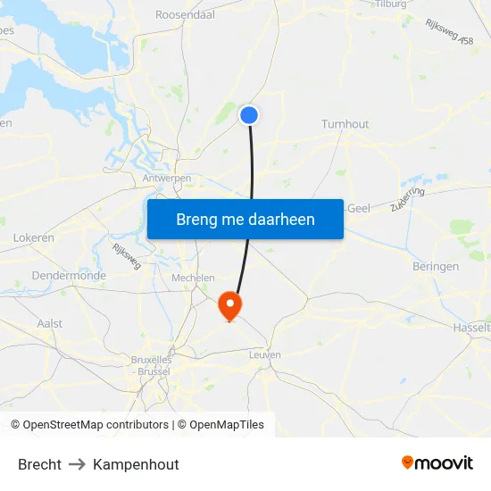 Brecht to Kampenhout map