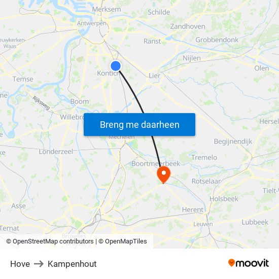 Hove to Kampenhout map