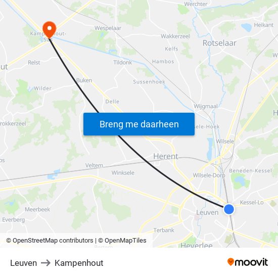 Leuven to Kampenhout map