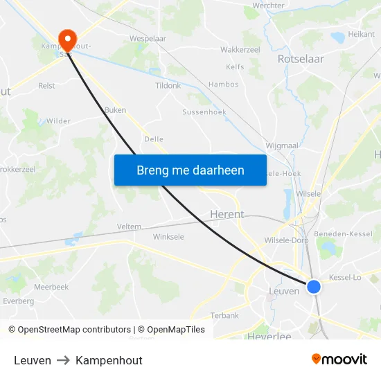 Leuven to Kampenhout map