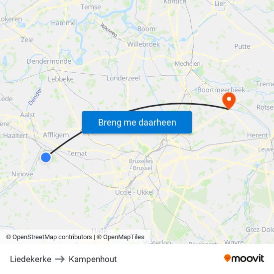 Liedekerke to Kampenhout map