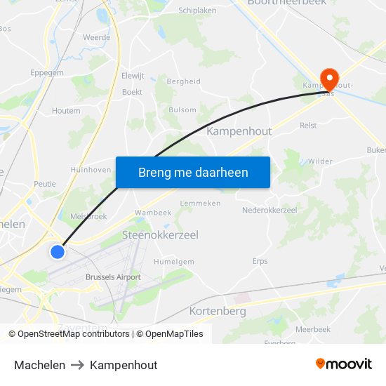 Machelen to Kampenhout map