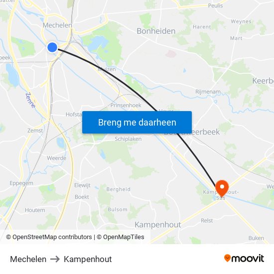 Mechelen to Kampenhout map